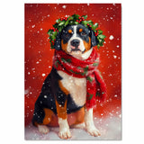 Greater Swiss Mountain Christmas Dog Wall Art with Red Scarf and Holly Wreath for Winter Snow Festive Puppy Holiday Artwork on Flat Rolled, Framed or Wrapped Canvas
