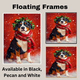Greater Swiss Mountain Christmas Dog Wall Art with Red Scarf and Holly Wreath for Winter Snow Festive Puppy Holiday Artwork on Flat Rolled, Framed or Wrapped Canvas