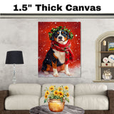 Greater Swiss Mountain Christmas Dog Wall Art with Red Scarf and Holly Wreath for Winter Snow Festive Puppy Holiday Artwork on Flat Rolled, Framed or Wrapped Canvas