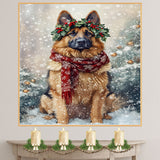 German Shepherd Christmas Dog Wall Art with Red Scarf and Holly Wreath for Winter Snow Festive Puppy Holiday Artwork on Flat Rolled, Framed or Wrapped Canvas