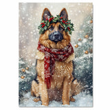 German Shepherd Christmas Dog Wall Art with Red Scarf and Holly Wreath for Winter Snow Festive Puppy Holiday Artwork on Flat Rolled, Framed or Wrapped Canvas
