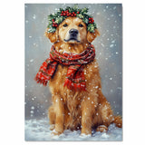 Golden Retriever Christmas Dog Wall Art with Red Scarf and Holly Wreath for Winter Snow Festive Puppy Holiday Artwork on Flat Rolled, Framed or Wrapped Canvas