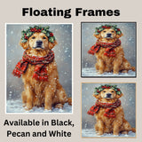 Golden Retriever Christmas Dog Wall Art with Red Scarf and Holly Wreath for Winter Snow Festive Puppy Holiday Artwork on Flat Rolled, Framed or Wrapped Canvas