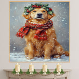 Golden Retriever Christmas Dog Wall Art with Red Scarf and Holly Wreath for Winter Snow Festive Puppy Holiday Artwork on Flat Rolled, Framed or Wrapped Canvas