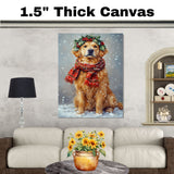 Golden Retriever Christmas Dog Wall Art with Red Scarf and Holly Wreath for Winter Snow Festive Puppy Holiday Artwork on Flat Rolled, Framed or Wrapped Canvas