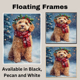Goldendoodle Christmas Dog Wall Art with Red Scarf and Holly Wreath for Winter Snow Festive Puppy Holiday Artwork on Flat Rolled, Framed or Wrapped Canvas