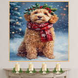 Goldendoodle Christmas Dog Wall Art with Red Scarf and Holly Wreath for Winter Snow Festive Puppy Holiday Artwork on Flat Rolled, Framed or Wrapped Canvas