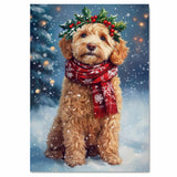Goldendoodle Christmas Dog Wall Art with Red Scarf and Holly Wreath for Winter Snow Festive Puppy Holiday Artwork on Flat Rolled, Framed or Wrapped Canvas