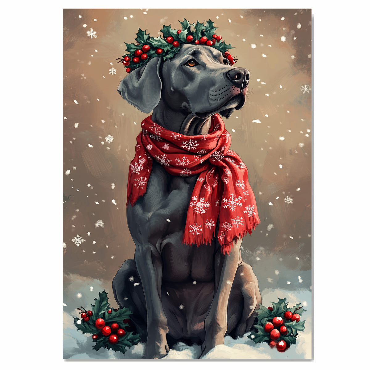 Great Dane Christmas Dog Wall Art with Red Scarf and Holly Wreath for Winter Snow Festive Puppy Holiday Artwork on Flat Rolled, Framed or Wrapped Canvas