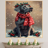 Great Dane Christmas Dog Wall Art with Red Scarf and Holly Wreath for Winter Snow Festive Puppy Holiday Artwork on Flat Rolled, Framed or Wrapped Canvas