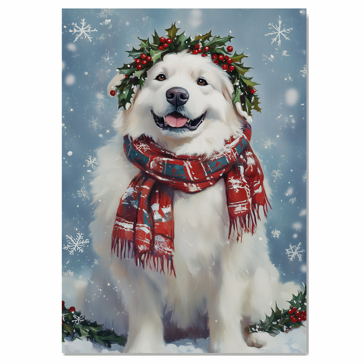 Great Pyrenees Christmas Dog Wall Art with Red Scarf and Holly Wreath for Winter Snow Festive Puppy Holiday Artwork on Flat Rolled, Framed or Wrapped Canvas