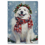 Great Pyrenees Christmas Dog Wall Art with Red Scarf and Holly Wreath for Winter Snow Festive Puppy Holiday Artwork on Flat Rolled, Framed or Wrapped Canvas
