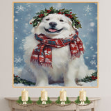 Great Pyrenees Christmas Dog Wall Art with Red Scarf and Holly Wreath for Winter Snow Festive Puppy Holiday Artwork on Flat Rolled, Framed or Wrapped Canvas