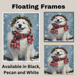 Great Pyrenees Christmas Dog Wall Art with Red Scarf and Holly Wreath for Winter Snow Festive Puppy Holiday Artwork on Flat Rolled, Framed or Wrapped Canvas