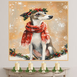 Greyhound Christmas Dog Wall Art with Red Scarf and Holly Wreath for Winter Snow Festive Puppy Holiday Artwork on Flat Rolled, Framed or Wrapped Canvas