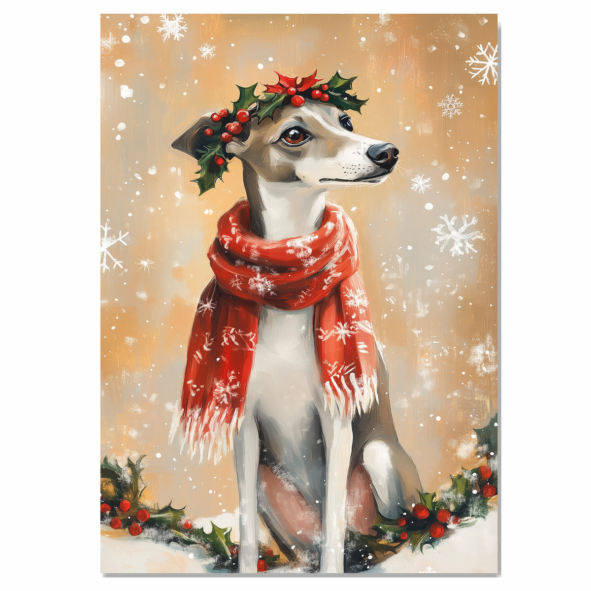 Greyhound Christmas Dog Wall Art with Red Scarf and Holly Wreath for Winter Snow Festive Puppy Holiday Artwork on Flat Rolled, Framed or Wrapped Canvas