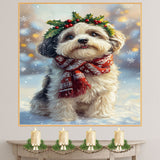 Havanese Dog Christmas Wall Art with Red Scarf and Holly Wreath for Winter Snow Festive Puppy Holiday Artwork on Flat Rolled, Framed or Wrapped Canvas