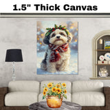 Havanese Dog Christmas Wall Art with Red Scarf and Holly Wreath for Winter Snow Festive Puppy Holiday Artwork on Flat Rolled, Framed or Wrapped Canvas