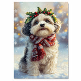 Havanese Dog Christmas Wall Art with Red Scarf and Holly Wreath for Winter Snow Festive Puppy Holiday Artwork on Flat Rolled, Framed or Wrapped Canvas