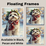 Havanese Dog Christmas Wall Art with Red Scarf and Holly Wreath for Winter Snow Festive Puppy Holiday Artwork on Flat Rolled, Framed or Wrapped Canvas
