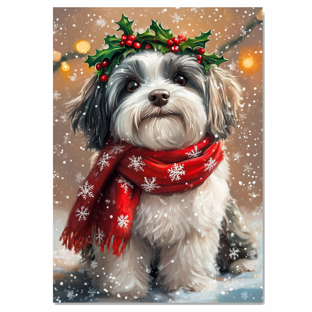 Havanese Christmas Dog Wall Art with Red Scarf and Holly Wreath for Winter Snow Festive Puppy Holiday Artwork on Flat Rolled, Framed or Wrapped Canvas