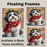 Havanese Christmas Dog Wall Art with Red Scarf and Holly Wreath for Winter Snow Festive Puppy Holiday Artwork on Flat Rolled, Framed or Wrapped Canvas