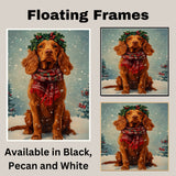 Irish Setter Christmas Dog Wall Art with Red Scarf and Holly Wreath for Winter Snow Festive Puppy Holiday Artwork on Flat Rolled, Framed or Wrapped Canvas