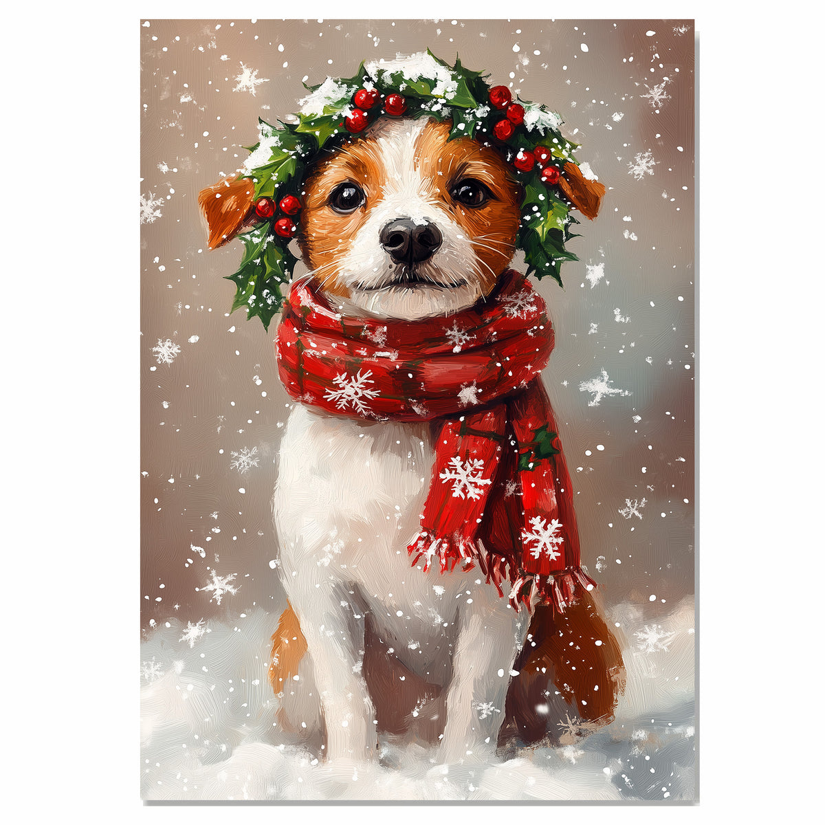 Jack Russell Christmas Dog Wall Art with Red Scarf and Holly Wreath for Winter Snow Festive Puppy Holiday Artwork on Flat Rolled, Framed or Wrapped Canvas