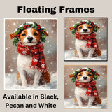 Jack Russell Christmas Dog Wall Art with Red Scarf and Holly Wreath for Winter Snow Festive Puppy Holiday Artwork on Flat Rolled, Framed or Wrapped Canvas