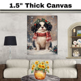 Japanese Chin Christmas Dog Wall Art with Red Scarf and Holly Wreath for Winter Snow Festive Puppy Holiday Artwork on Flat Rolled, Framed or Wrapped Canvas