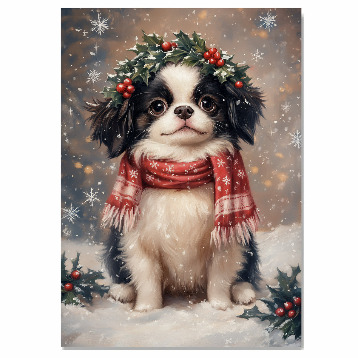 Japanese Chin Christmas Dog Wall Art with Red Scarf and Holly Wreath for Winter Snow Festive Puppy Holiday Artwork on Flat Rolled, Framed or Wrapped Canvas