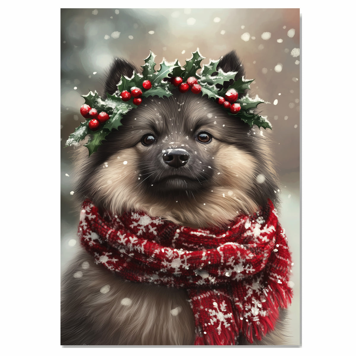 Keeshond Christmas Dog Wall Art with Red Scarf and Holly Wreath for Winter Snow Festive Puppy Holiday Artwork on Flat Rolled, Framed or Wrapped Canvas