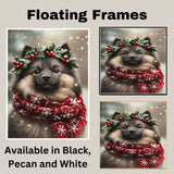 Keeshond Christmas Dog Wall Art with Red Scarf and Holly Wreath for Winter Snow Festive Puppy Holiday Artwork on Flat Rolled, Framed or Wrapped Canvas