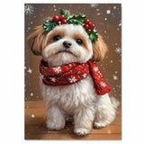 Malti Tzu Christmas Dog Wall Art with Red Scarf and Holly Wreath for Winter Snow Festive Puppy Holiday Artwork on Flat Rolled, Framed or Wrapped Canvas