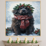 Newfoundland Christmas Dog Wall Art with Red Scarf and Holly Wreath for Winter Snow Festive Puppy Holiday Artwork on Flat Rolled, Framed or Wrapped Canvas