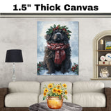 Newfoundland Christmas Dog Wall Art with Red Scarf and Holly Wreath for Winter Snow Festive Puppy Holiday Artwork on Flat Rolled, Framed or Wrapped Canvas