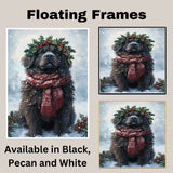 Newfoundland Christmas Dog Wall Art with Red Scarf and Holly Wreath for Winter Snow Festive Puppy Holiday Artwork on Flat Rolled, Framed or Wrapped Canvas