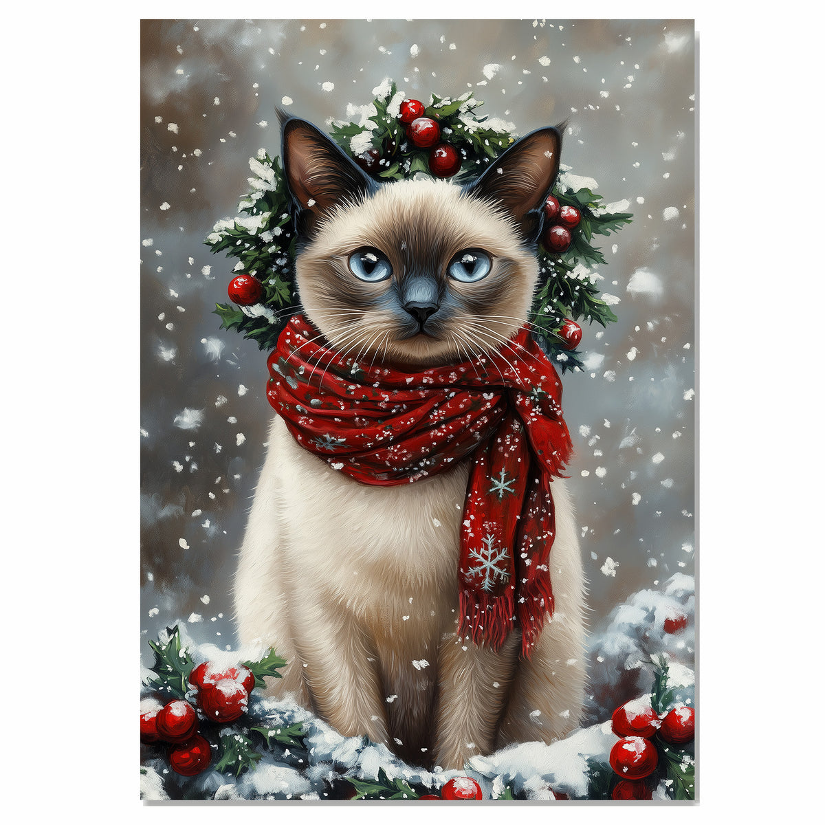 Oriental Blue Point Cat Christmas Wall Art with Red Scarf and Holly Wreath for Winter Snow Festive Puppy Holiday Artwork on Flat Rolled, Framed or Wrapped Canvas
