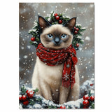 Oriental Blue Point Cat Christmas Wall Art with Red Scarf and Holly Wreath for Winter Snow Festive Puppy Holiday Artwork on Flat Rolled, Framed or Wrapped Canvas