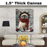 Oriental Blue Point Cat Christmas Wall Art with Red Scarf and Holly Wreath for Winter Snow Festive Puppy Holiday Artwork on Flat Rolled, Framed or Wrapped Canvas