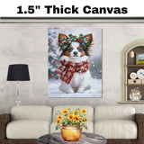 Papillon Christmas Dog Wall Art with Red Scarf and Holly Wreath for Winter Snow Festive Puppy Holiday Artwork on Flat Rolled, Framed or Wrapped Canvas