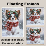 Papillon Christmas Dog Wall Art with Red Scarf and Holly Wreath for Winter Snow Festive Puppy Holiday Artwork on Flat Rolled, Framed or Wrapped Canvas
