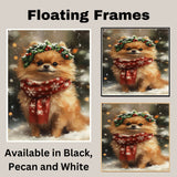 Pomeranian Christmas Dog Wall Art with Red Scarf and Holly Wreath for Winter Snow Festive Puppy Holiday Artwork on Flat Rolled, Framed or Wrapped Canvas