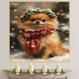 Pomeranian Christmas Dog Wall Art with Red Scarf and Holly Wreath for Winter Snow Festive Puppy Holiday Artwork on Flat Rolled, Framed or Wrapped Canvas