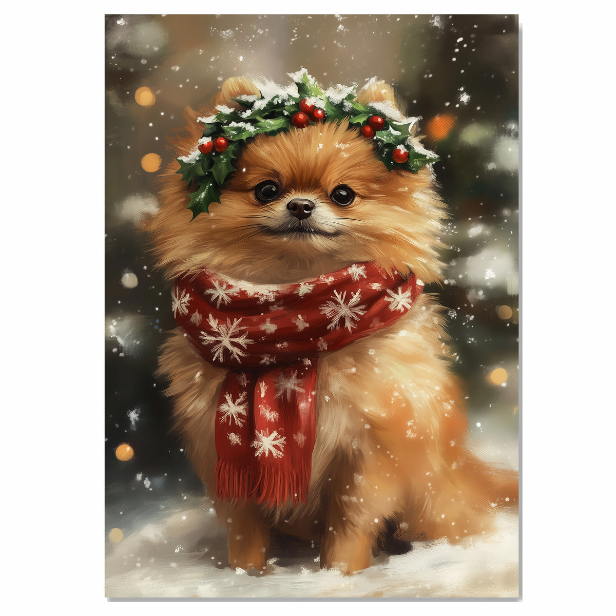 Pomeranian Christmas Dog Wall Art with Red Scarf and Holly Wreath for Winter Snow Festive Puppy Holiday Artwork on Flat Rolled, Framed or Wrapped Canvas