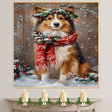Rough Collie Christmas Dog Wall Art with Red Scarf and Holly Wreath for Winter Snow Festive Puppy Holiday Artwork on Flat Rolled, Framed or Wrapped Canvas