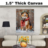 Rough Collie Christmas Dog Wall Art with Red Scarf and Holly Wreath for Winter Snow Festive Puppy Holiday Artwork on Flat Rolled, Framed or Wrapped Canvas