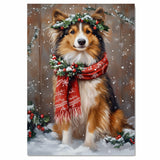 Rough Collie Christmas Dog Wall Art with Red Scarf and Holly Wreath for Winter Snow Festive Puppy Holiday Artwork on Flat Rolled, Framed or Wrapped Canvas