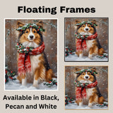 Rough Collie Christmas Dog Wall Art with Red Scarf and Holly Wreath for Winter Snow Festive Puppy Holiday Artwork on Flat Rolled, Framed or Wrapped Canvas