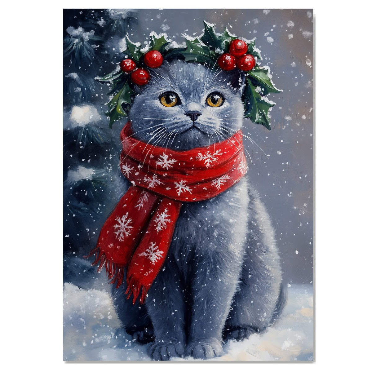 Russian Blue Cat Christmas Dog Wall Art with Red Scarf and Holly Wreath for Winter Snow Festive Puppy Holiday Artwork on Flat Rolled, Framed or Wrapped Canvas